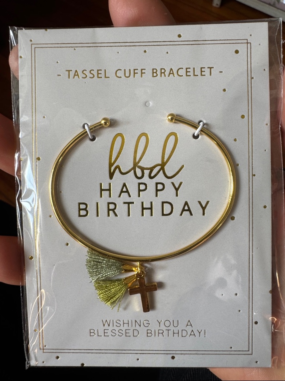 hbd Happy Birthday Gold Tassel Cuff Bracelet with cross charm by Faithworks new!